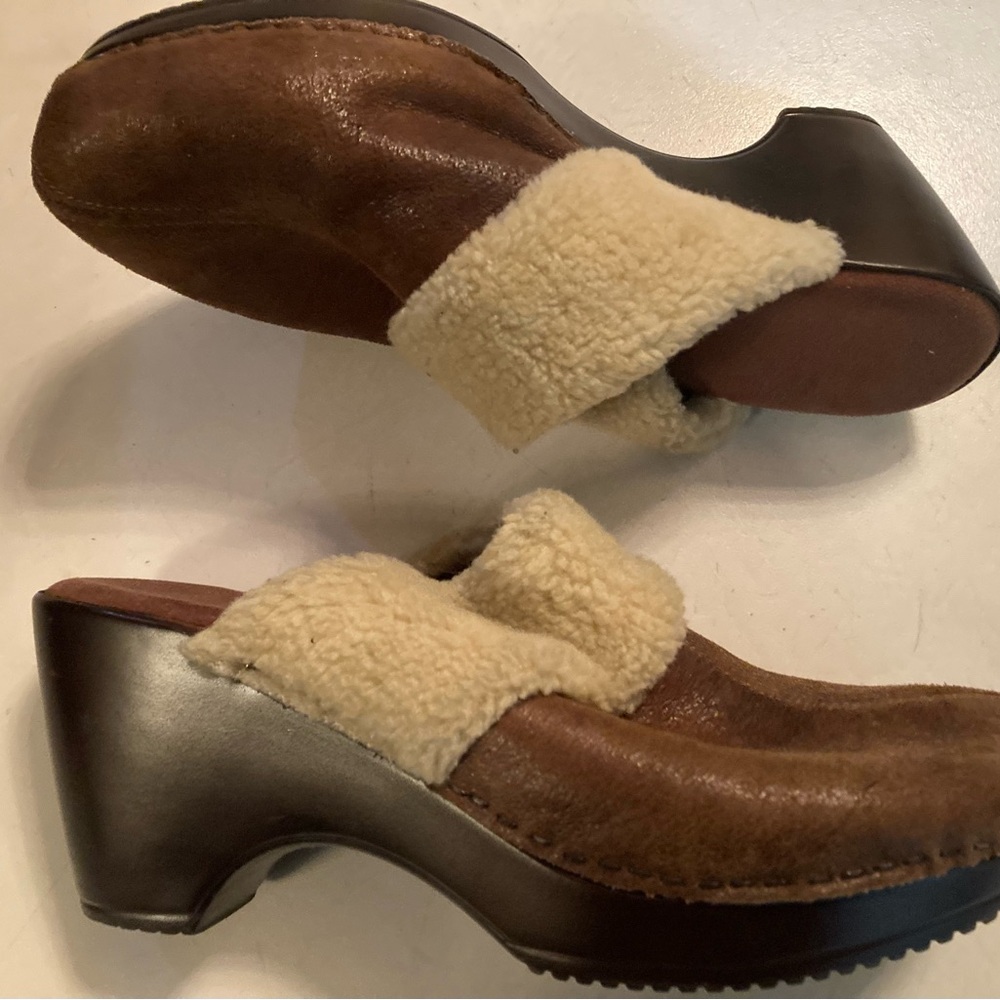 Brown and Cream Shearling Clogs